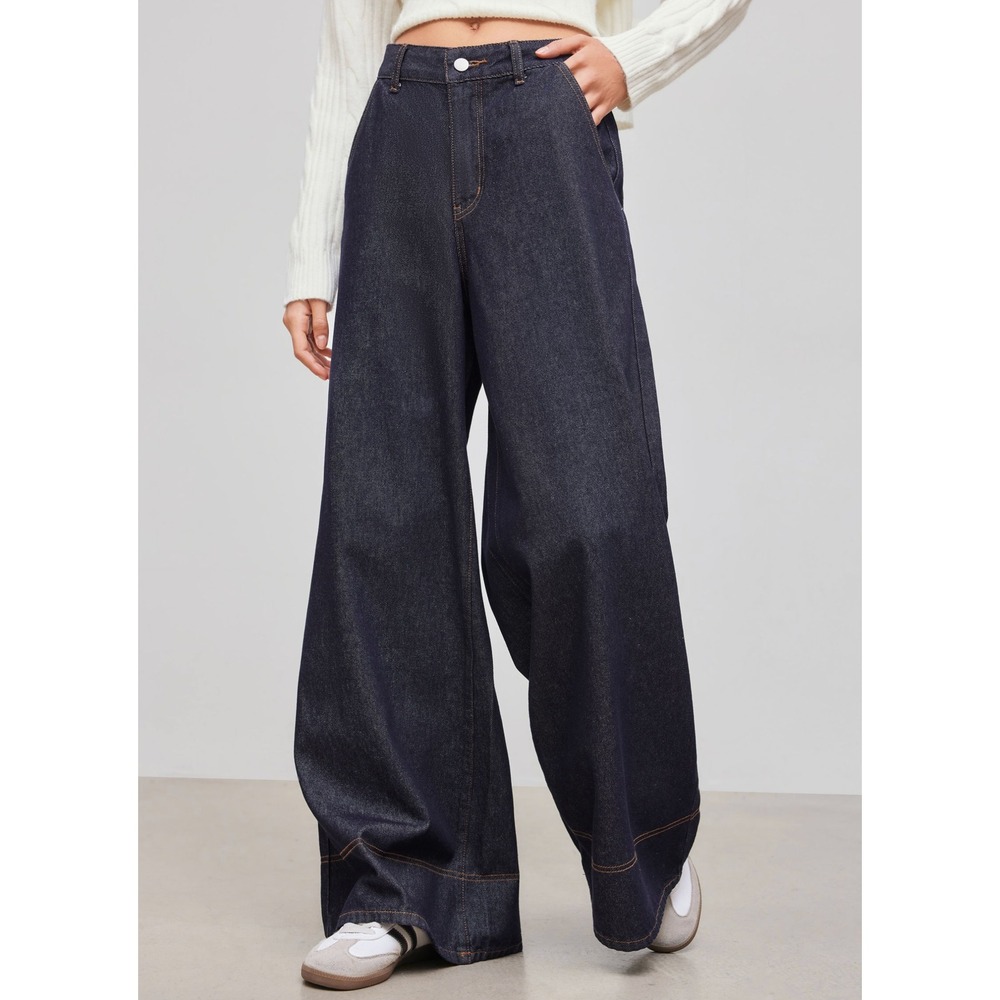 NEW Cider Low Rise Solid Pocket Baggy Oversized Dark Wash Denim Jeans Size Med